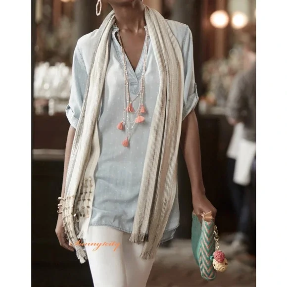 Cloth & Stone Dot Denim Chambray Tunic Top Faded Mini Shirt Dress Size Medium - Picture 14 of 16